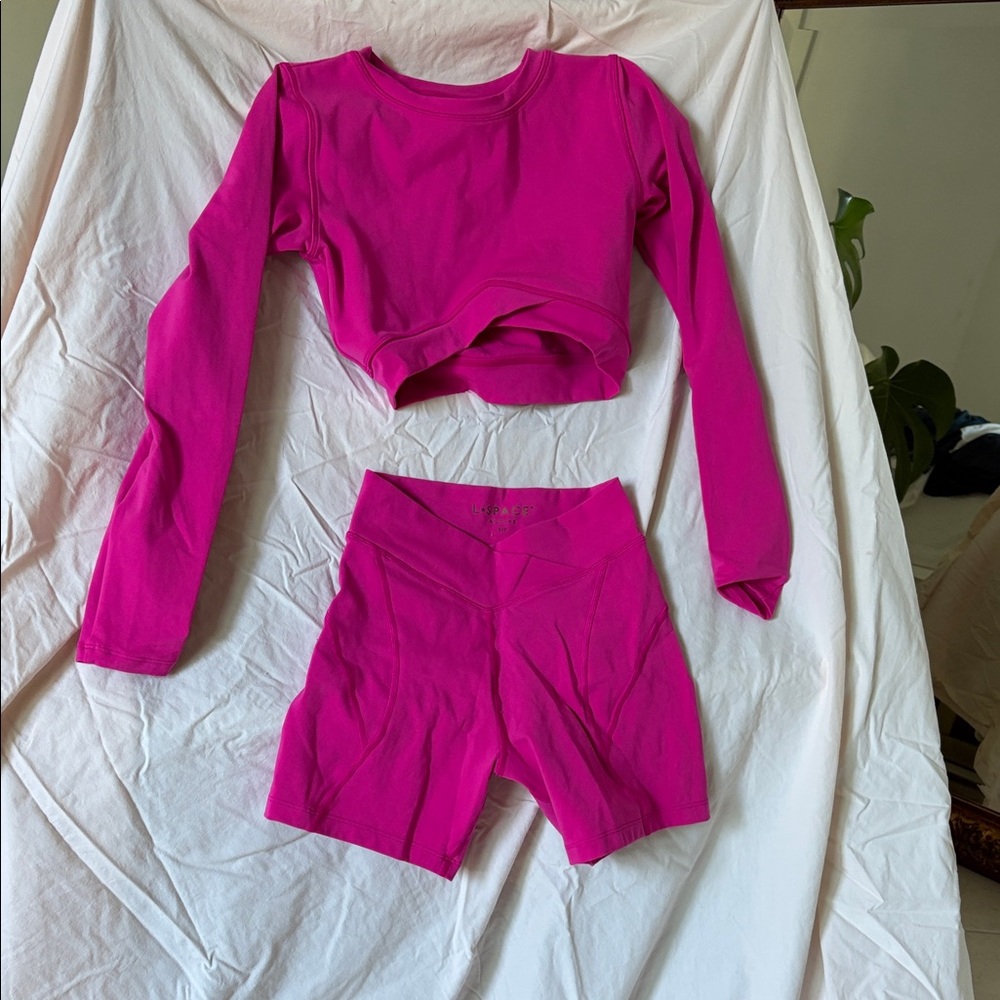 L Space Pink Long Sleeve Crop Top and Shorts Set